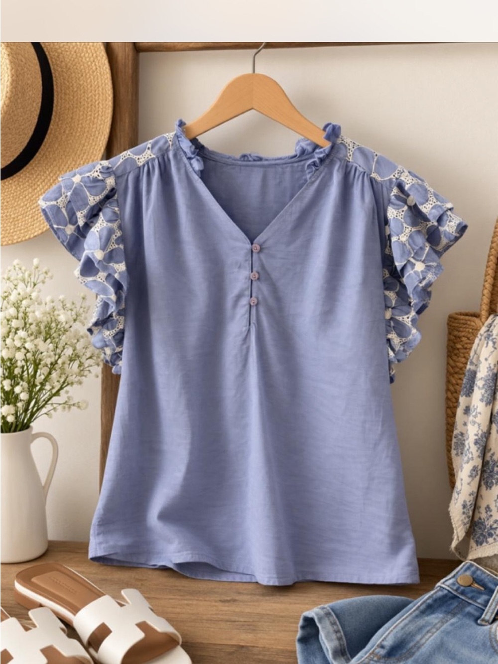 Light Blue Ruffle Sleeve V-Neck Blouse
